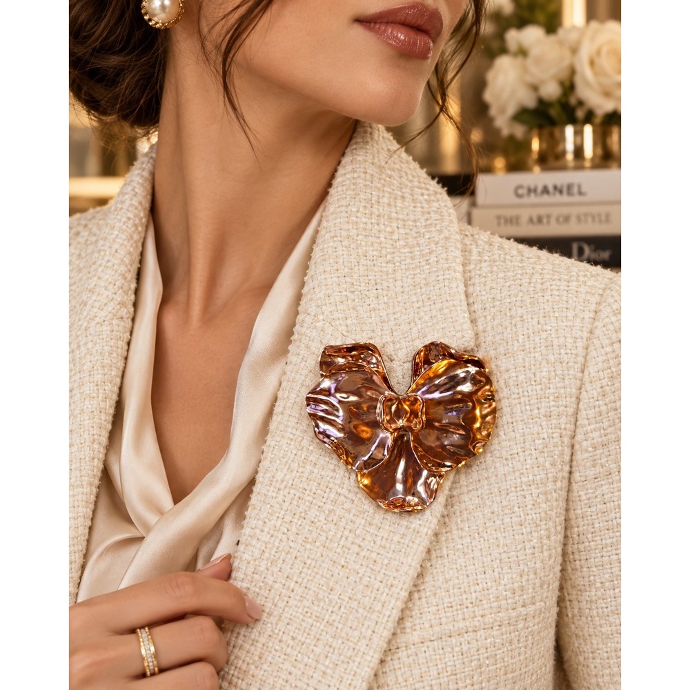 Babyboo Fashion Rose Gold Metallic Sculptural Bow Statement Brooch Pin